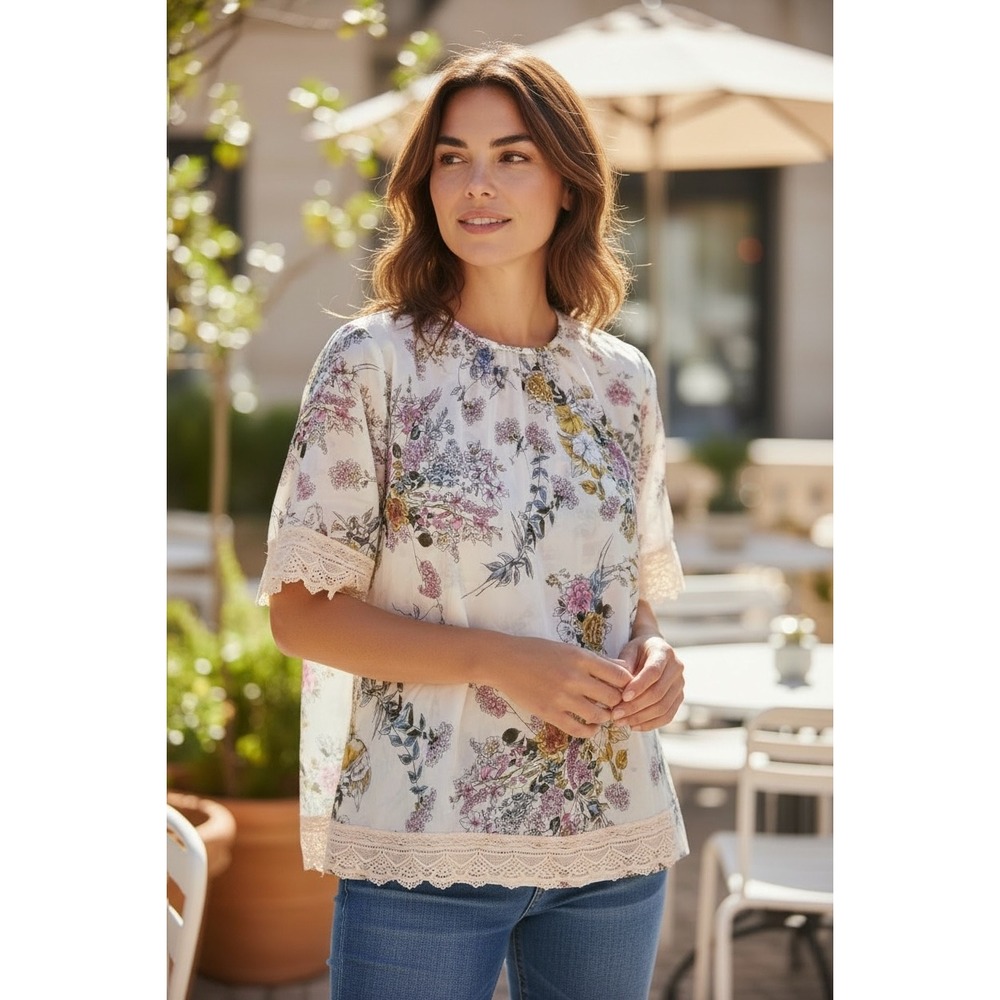 Johnny Was Silk Floral Lace Trim Blouse Ivory Boho Cottagecore Tie Neck Top